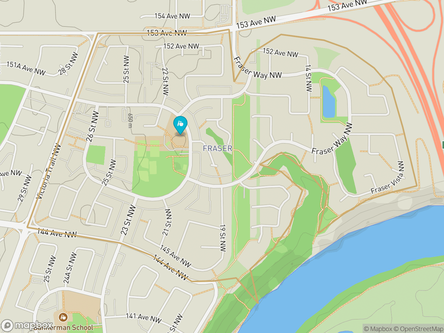 Map of Fraser, Edmonton — neighbourhood boundary, 1 school, parks and surrounding streets.