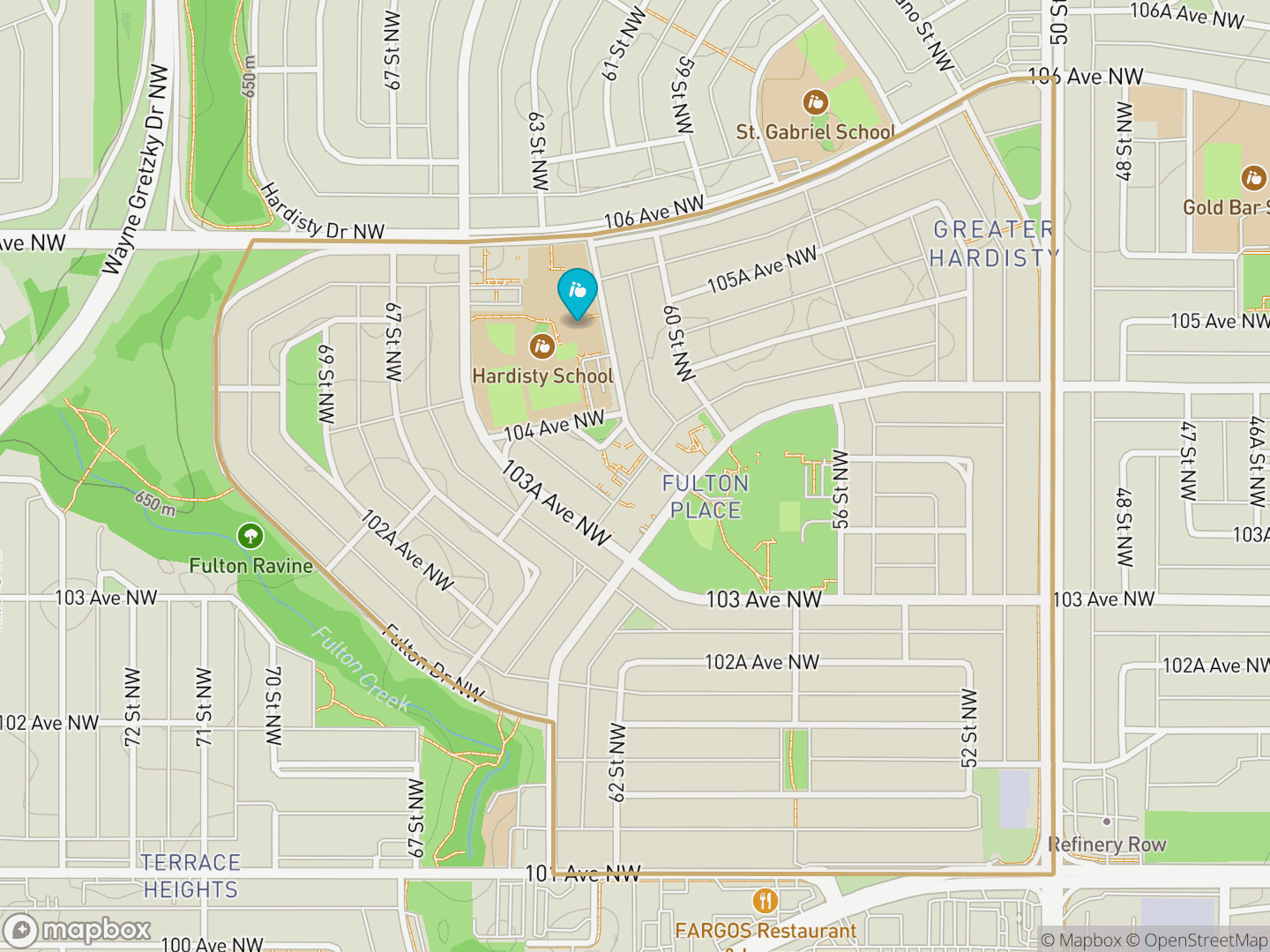 Map of Fulton Place, Edmonton — neighbourhood boundary, 1 school, parks and surrounding streets.