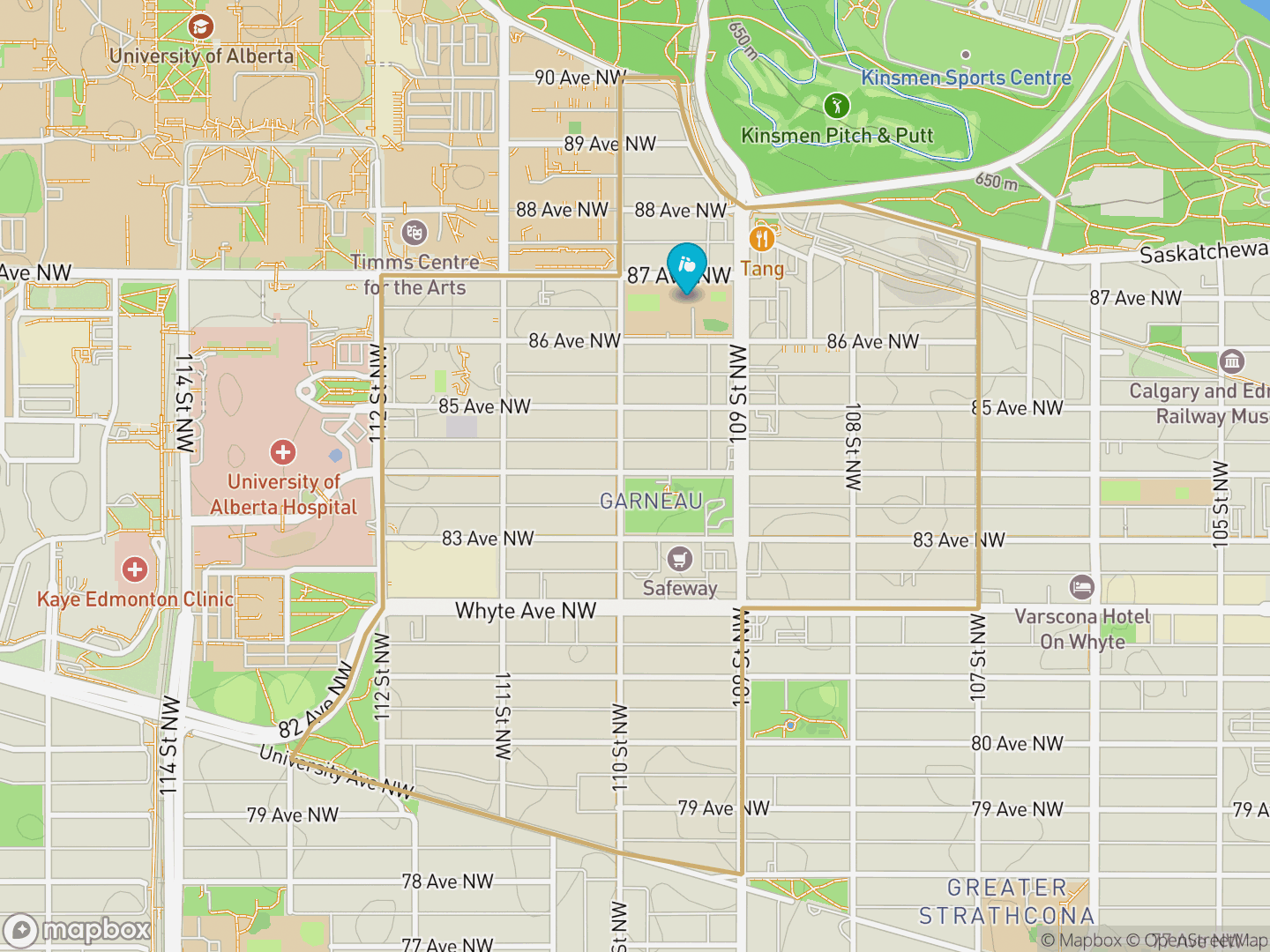 Map of Garneau, Edmonton — neighbourhood boundary, 1 school, parks and surrounding streets.
