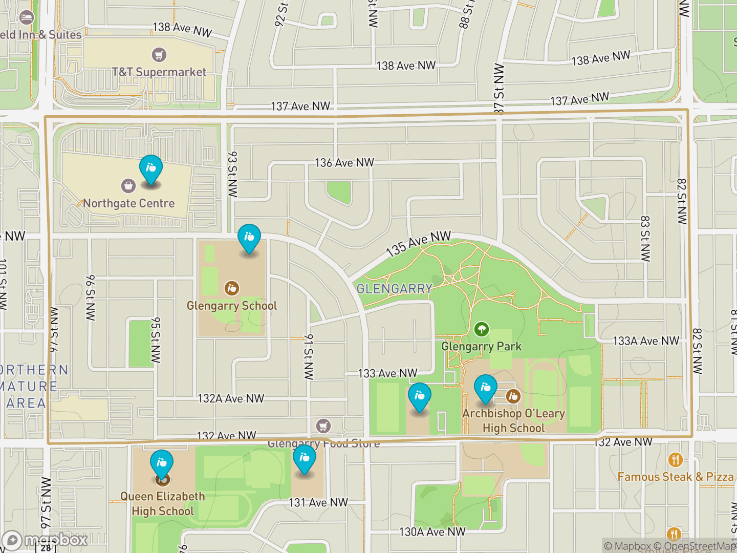 Map of Glengarry, Edmonton — neighbourhood boundary, 7 schools, parks and surrounding streets.