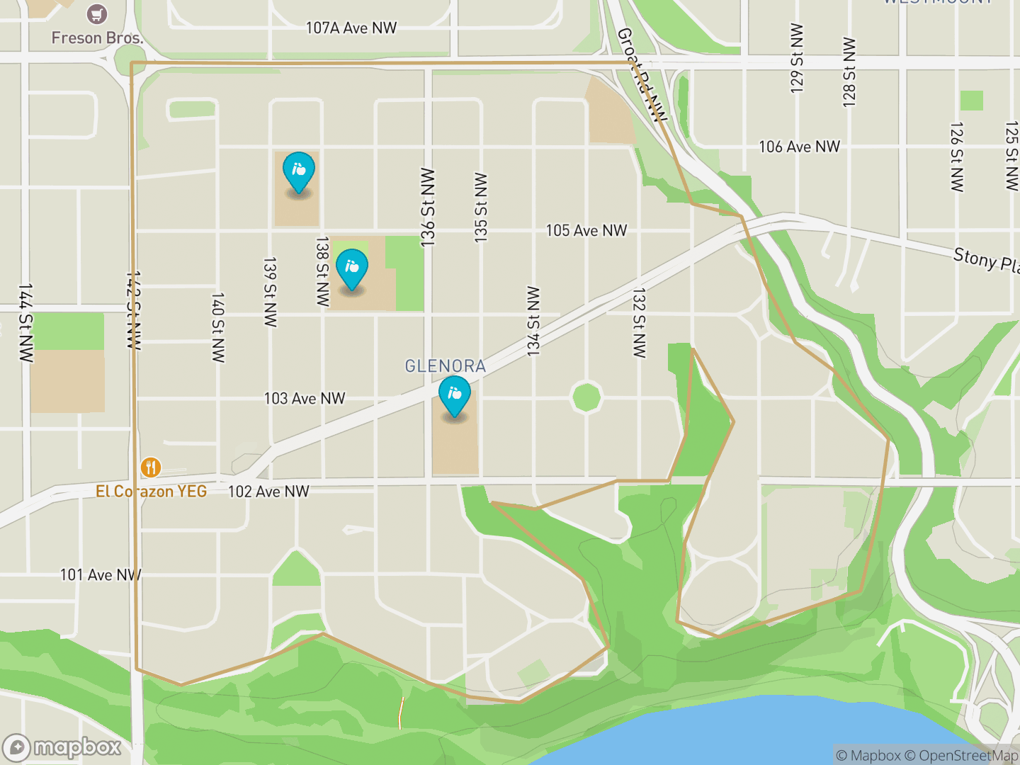 Map of Glenora, Edmonton — neighbourhood boundary, 3 schools, parks and surrounding streets.