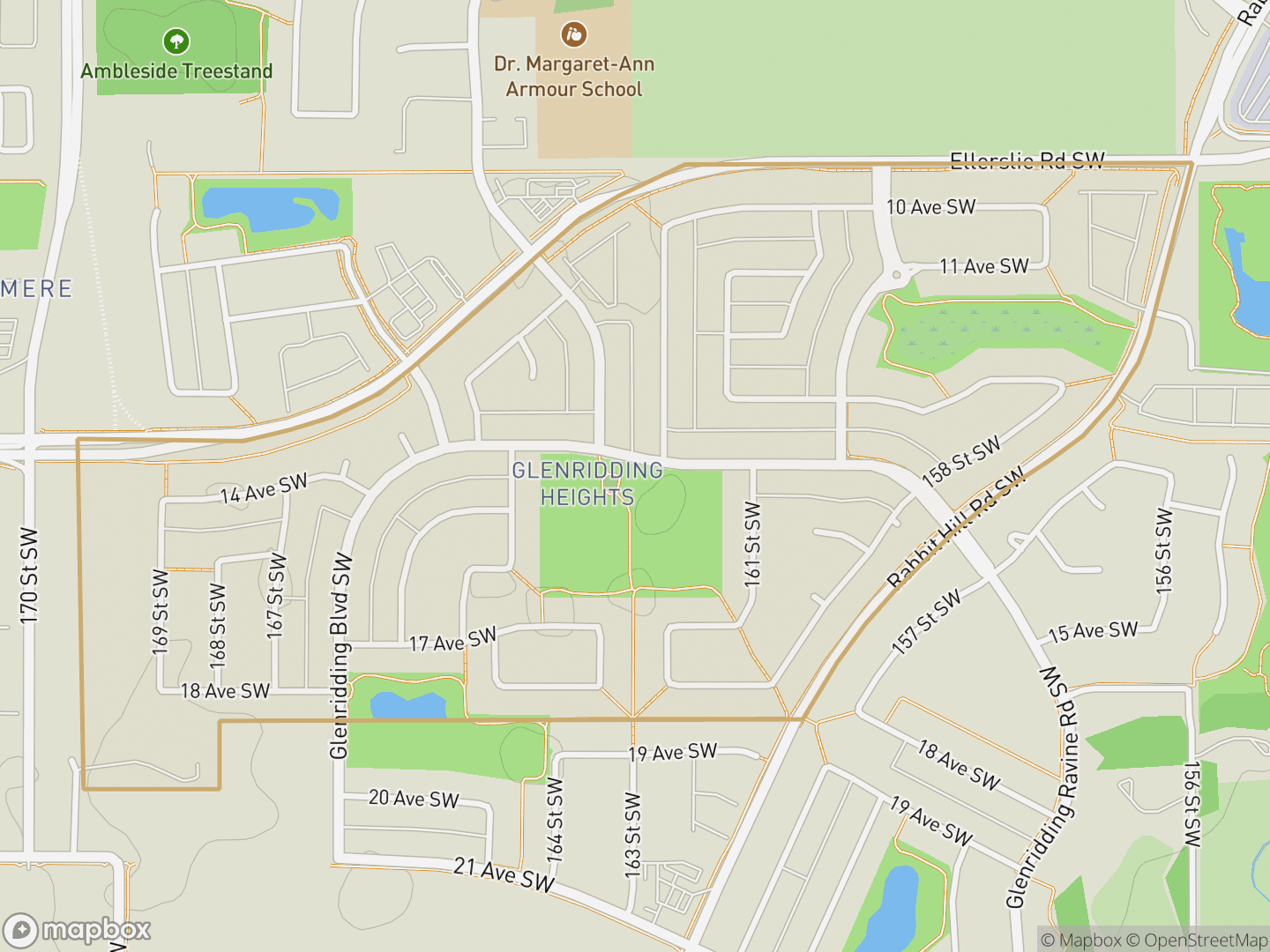 Map of Glenridding Heights, Edmonton — neighbourhood boundary, parks and surrounding streets.