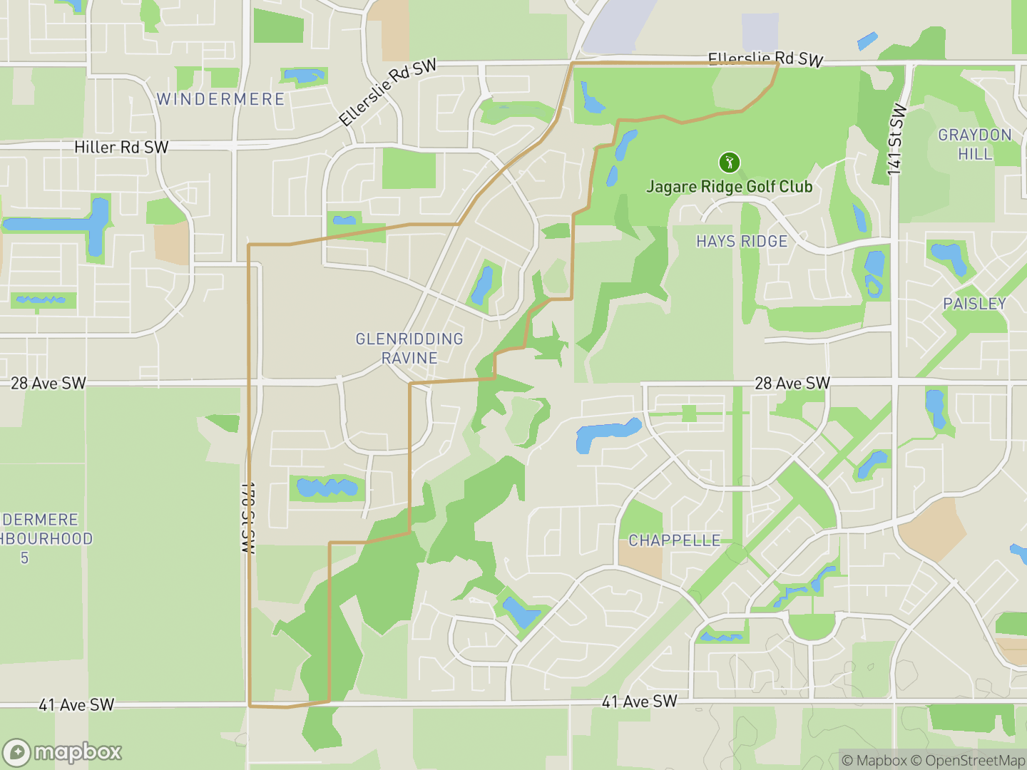Map of Glenridding Ravine, Edmonton — neighbourhood boundary, parks and surrounding streets.