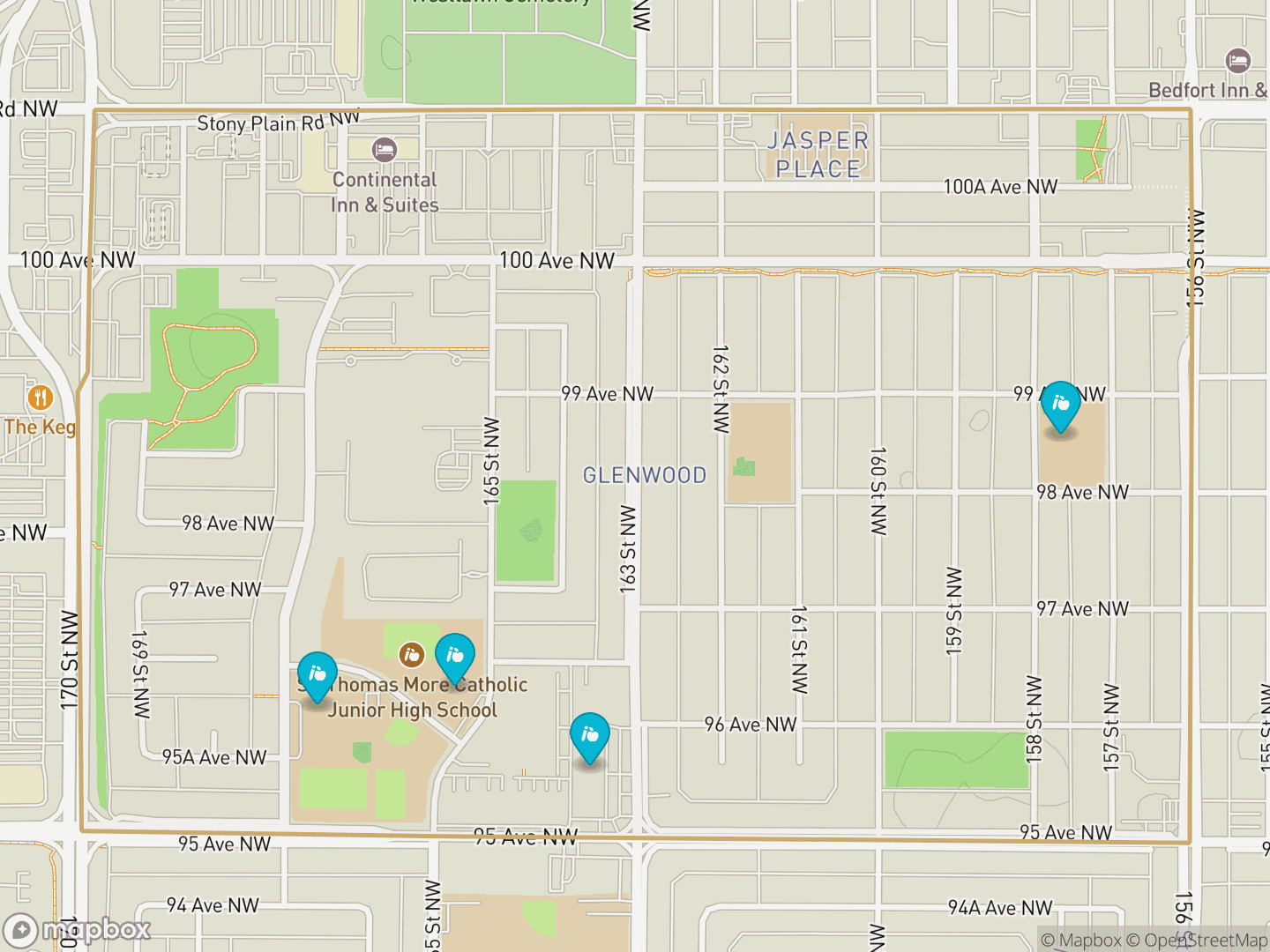Map of Glenwood, Edmonton — neighbourhood boundary, 4 schools, parks and surrounding streets.