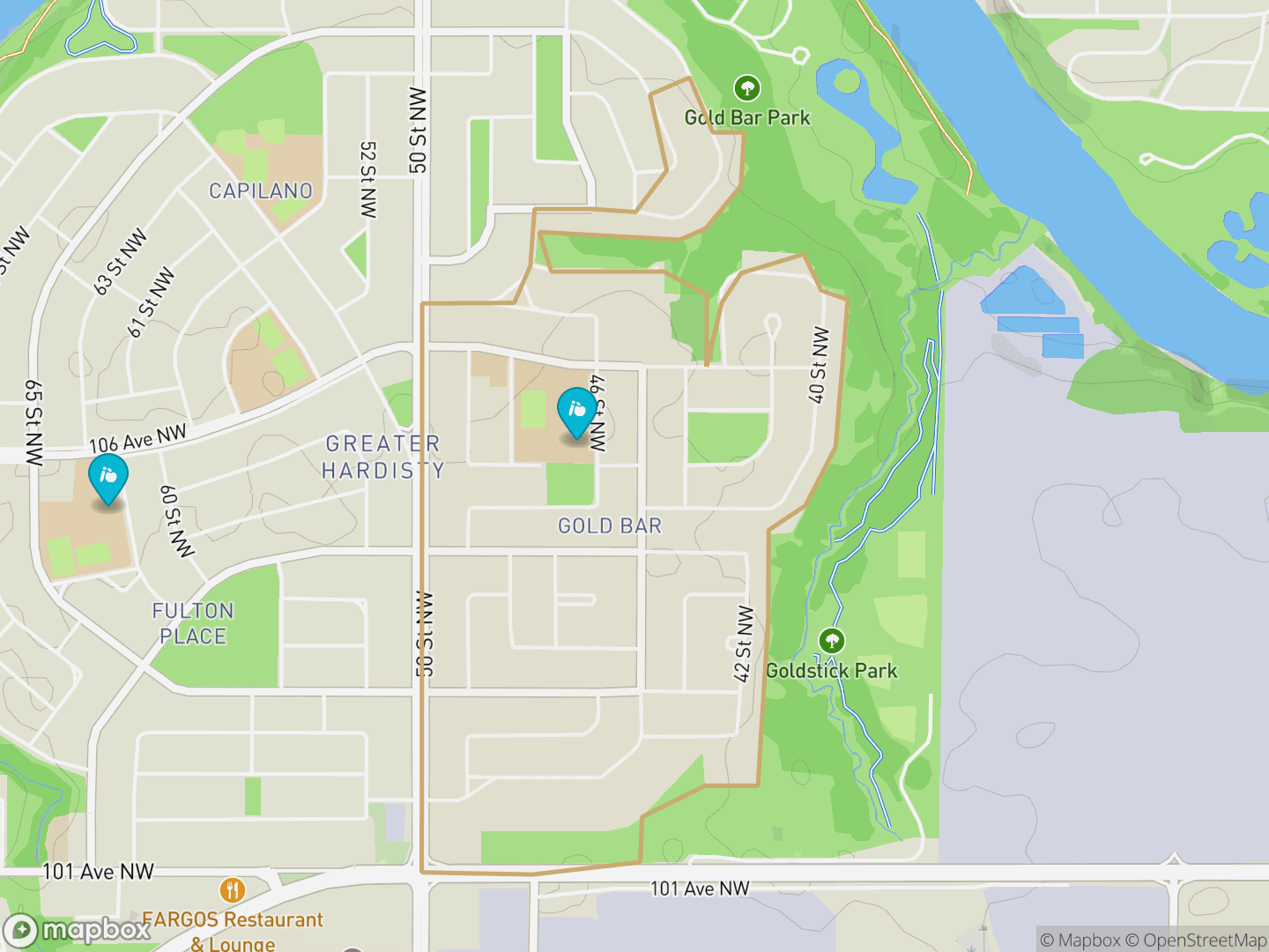 Map of Gold Bar, Edmonton — neighbourhood boundary, 2 schools, parks and surrounding streets.