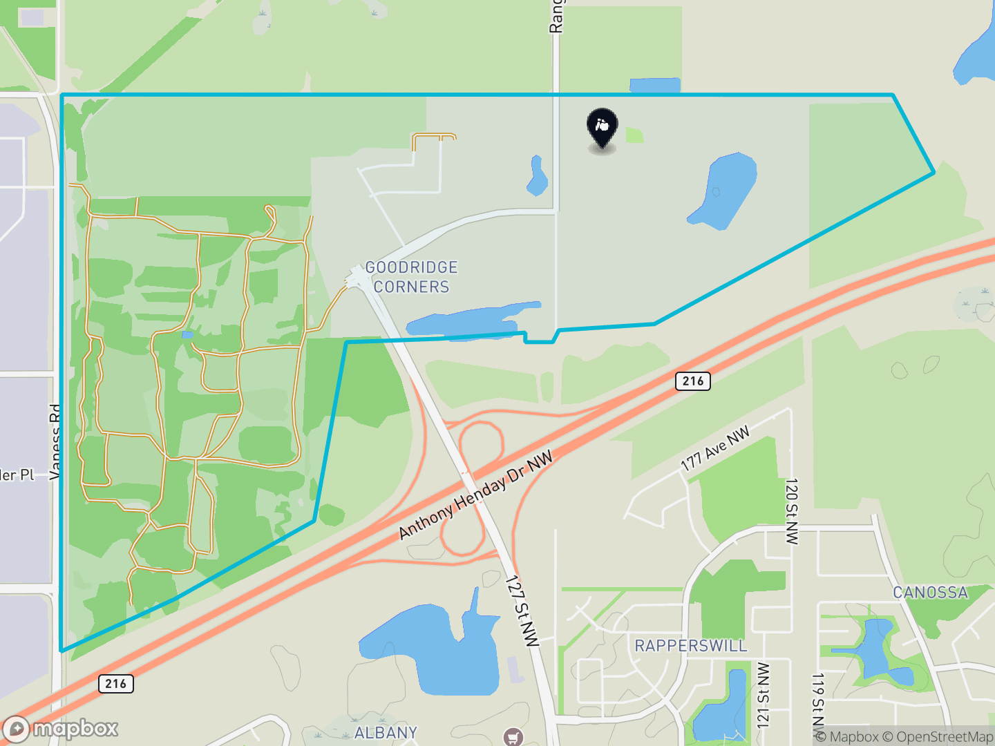 Map of Goodridge Corners, Edmonton — neighbourhood boundary, 1 school, parks and surrounding streets.