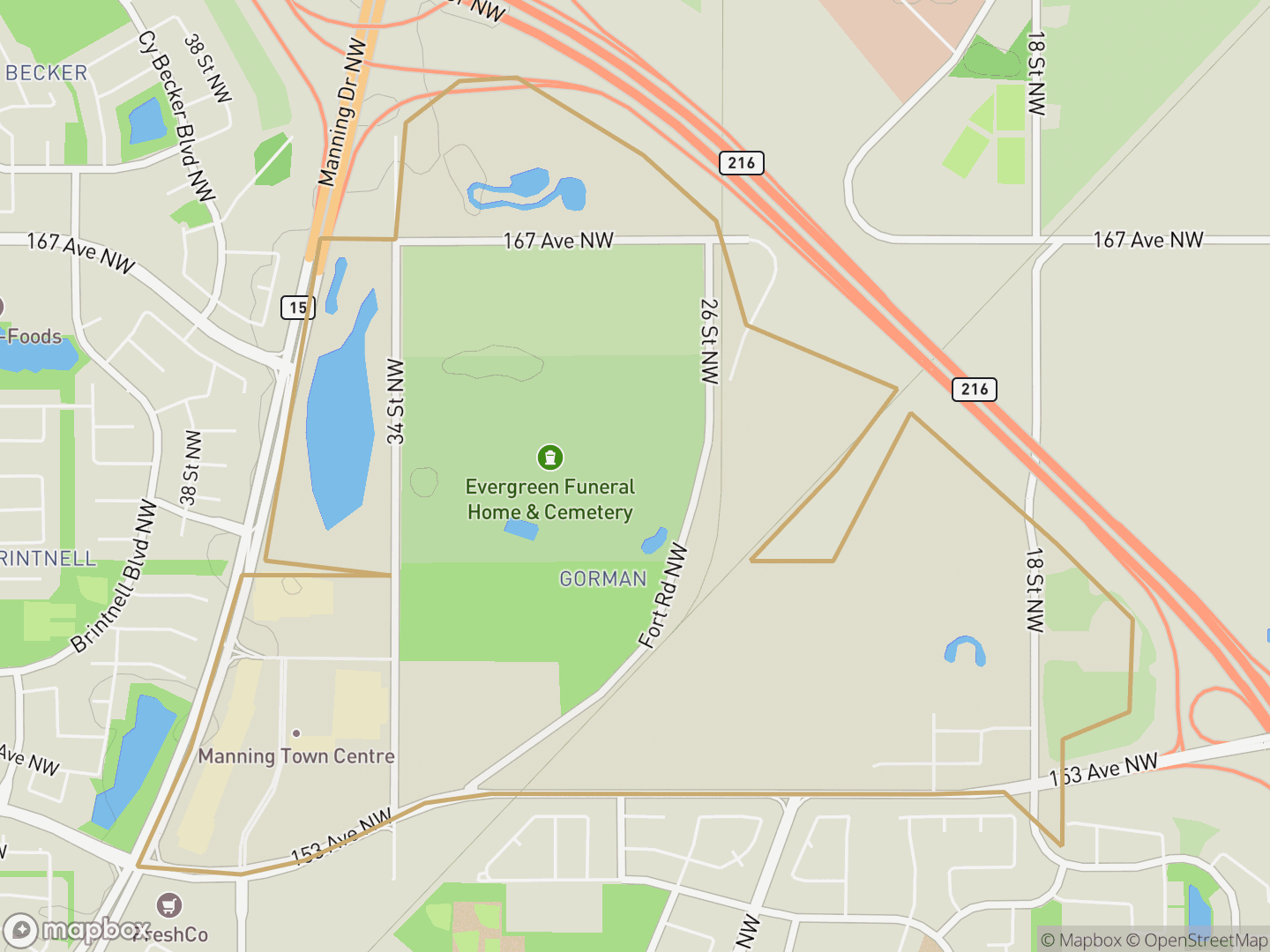 Map of Gorman, Edmonton — neighbourhood boundary, parks and surrounding streets.