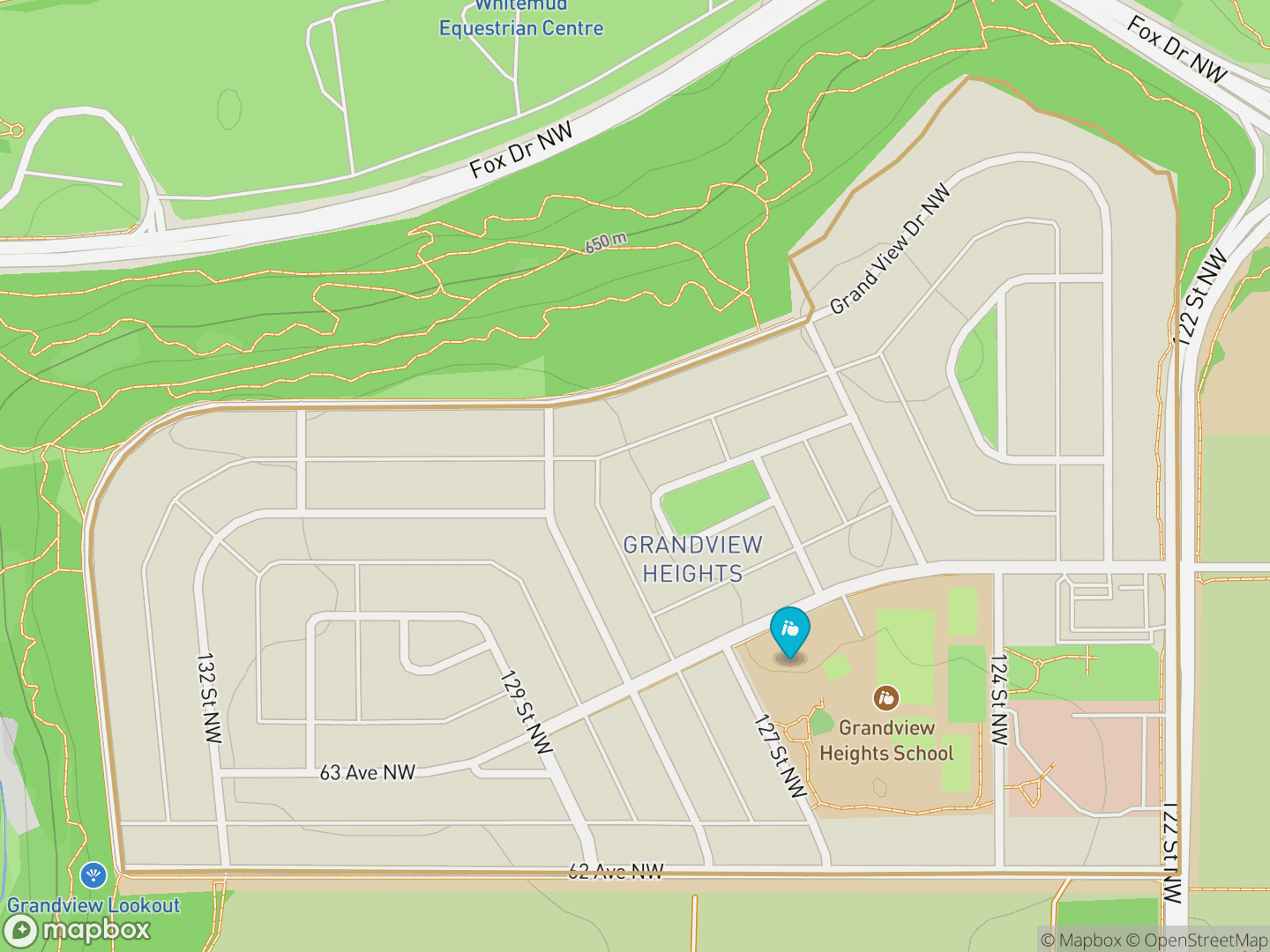 Map of Grandview Heights, Edmonton — neighbourhood boundary, 1 school, parks and surrounding streets.