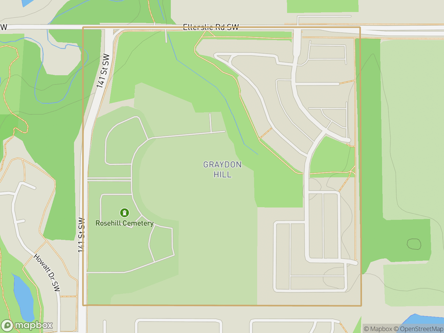 Map of Graydon Hill, Edmonton — neighbourhood boundary, parks and surrounding streets.