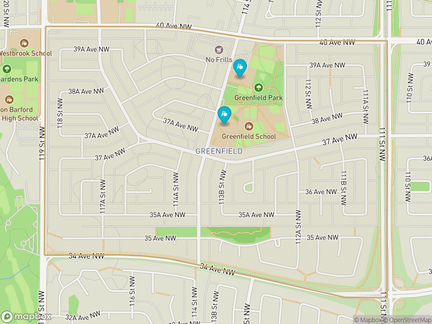 Map of Greenfield, Edmonton — neighbourhood boundary, 2 schools, parks and surrounding streets.