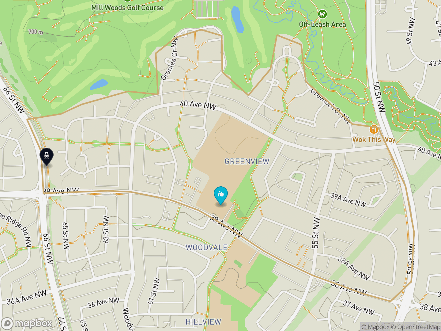 Map of Greenview, Edmonton — neighbourhood boundary with 1 LRT station, 1 school, parks and surrounding streets.