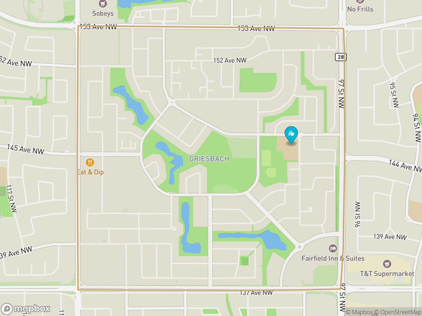 Map of Griesbach, Edmonton — neighbourhood boundary, 1 school, parks and surrounding streets.