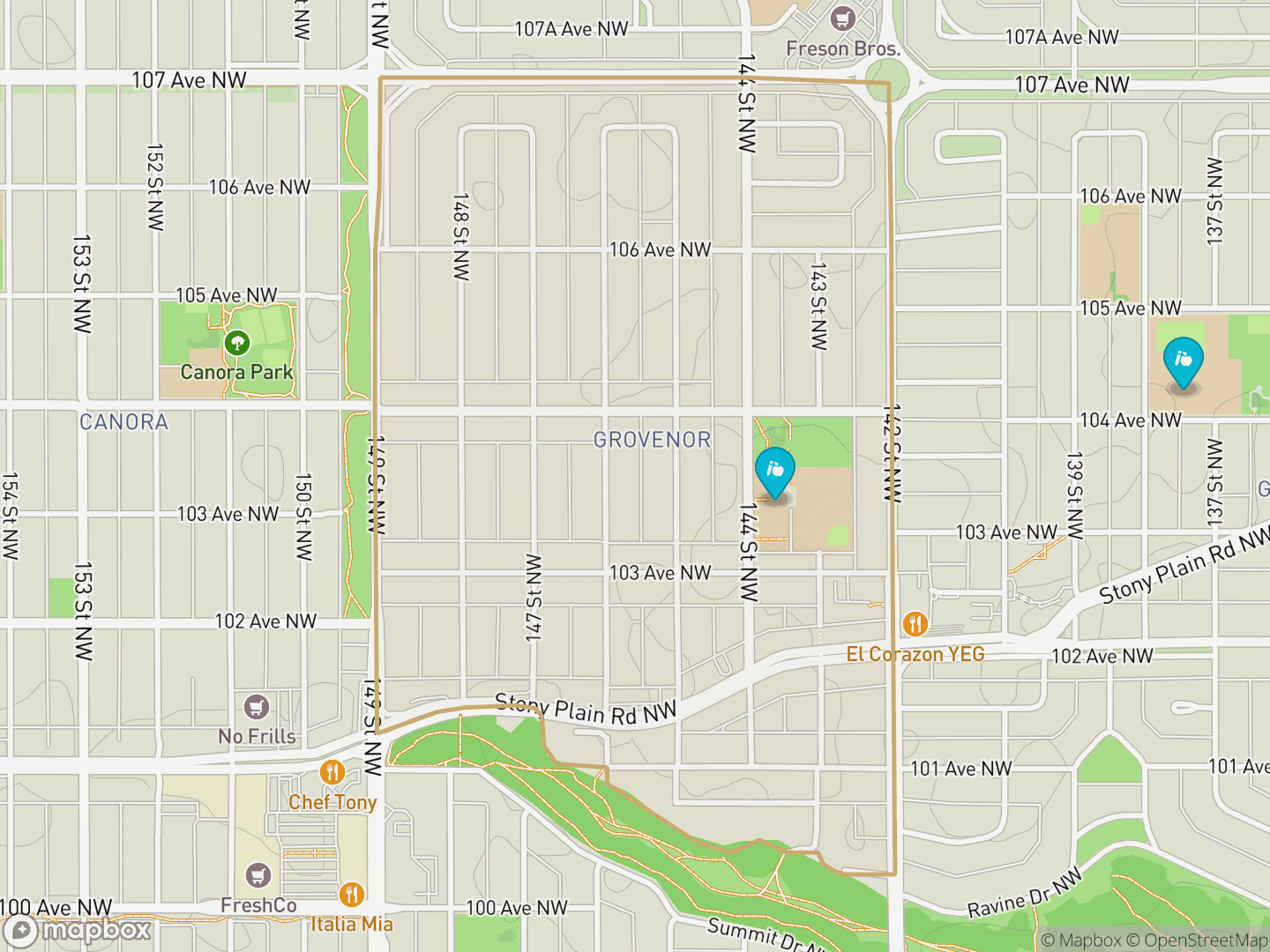 Map of Grovenor, Edmonton — neighbourhood boundary, 2 schools, parks and surrounding streets.
