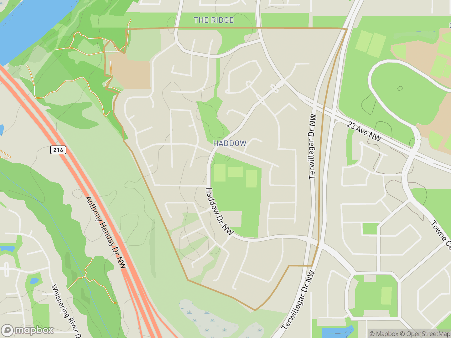 Map of Haddow, Edmonton — neighbourhood boundary, parks and surrounding streets.