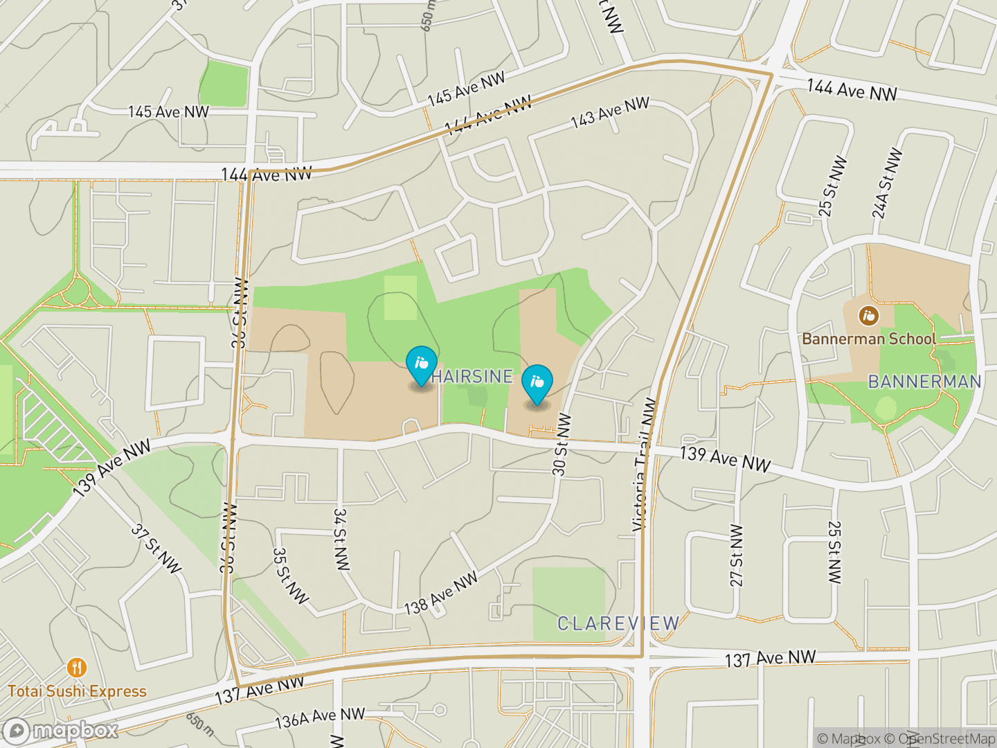 Map of Hairsine, Edmonton — neighbourhood boundary, 2 schools, parks and surrounding streets.