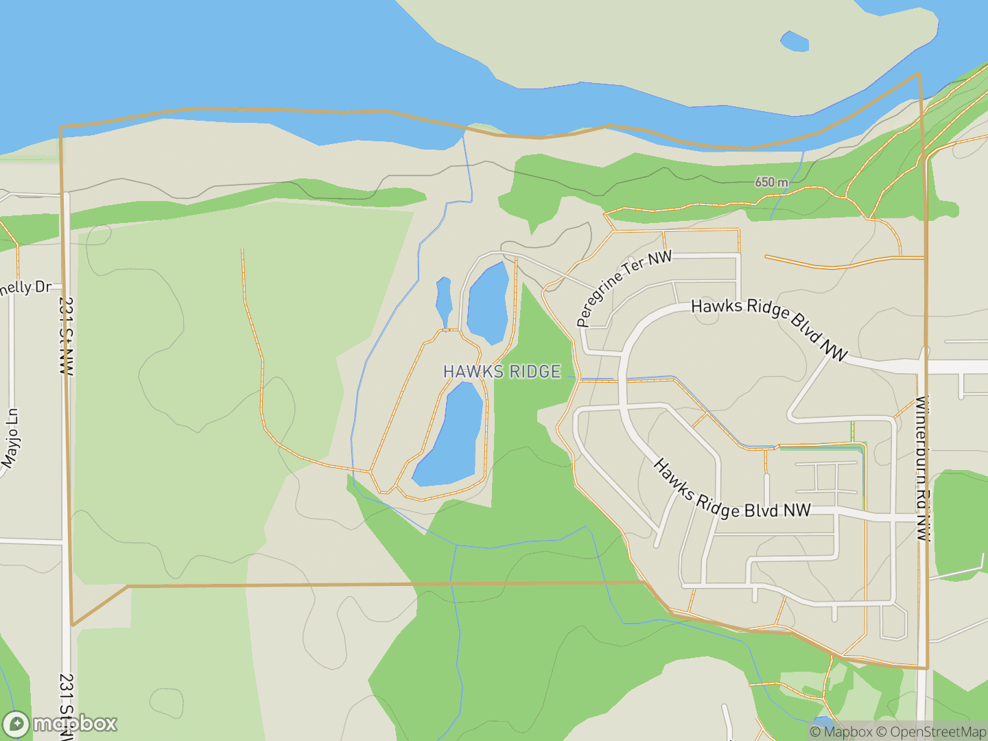 Map of Hawks Ridge, Edmonton — neighbourhood boundary, parks and surrounding streets.