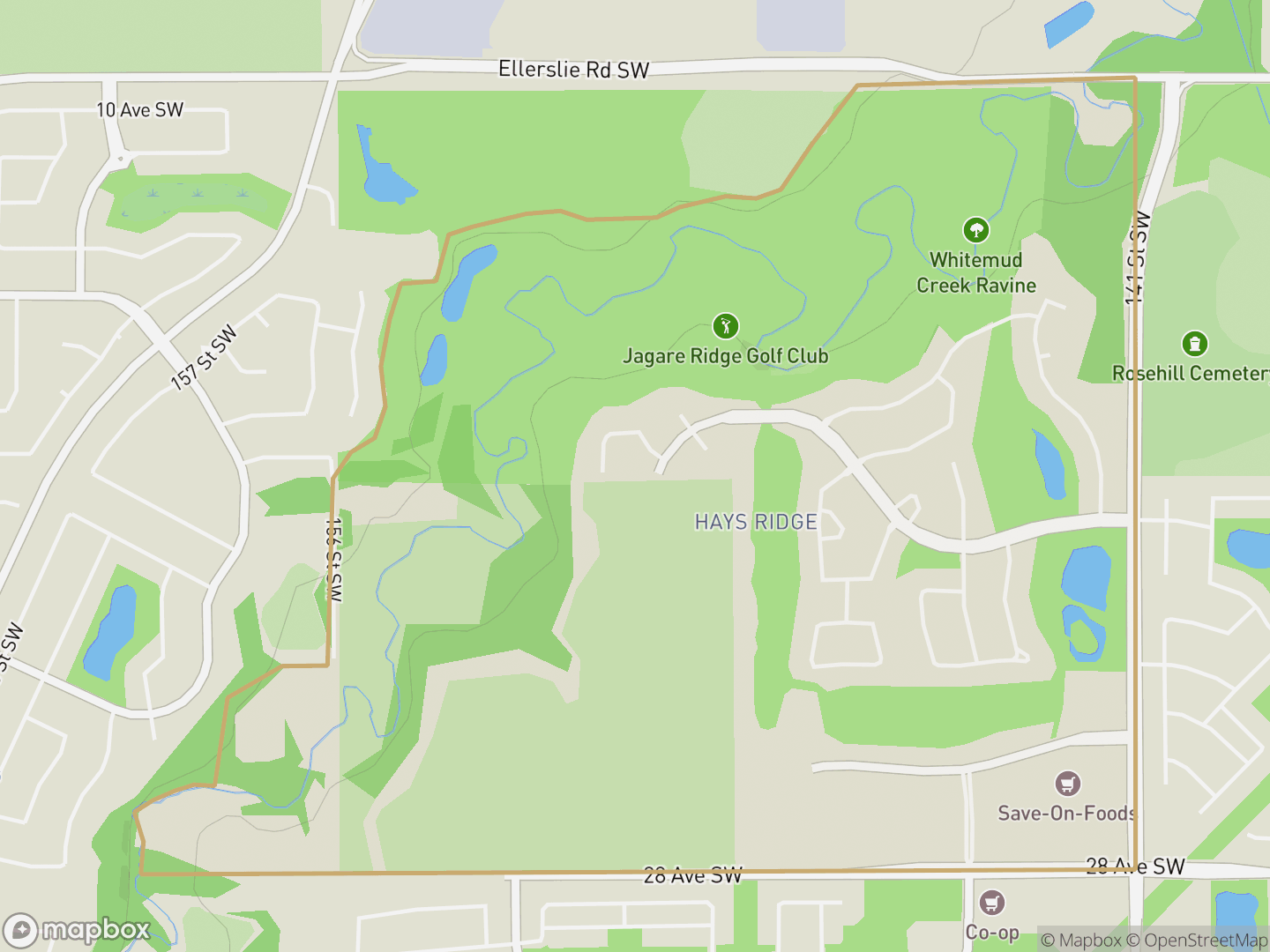 Map of Hays Ridge Area, Edmonton — neighbourhood boundary, parks and surrounding streets.