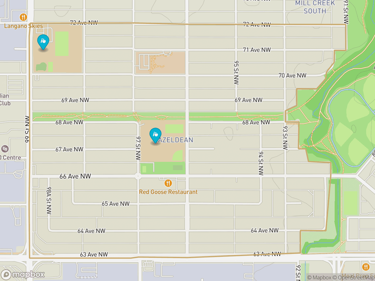 Map of Hazeldean, Edmonton — neighbourhood boundary, 2 schools, parks and surrounding streets.
