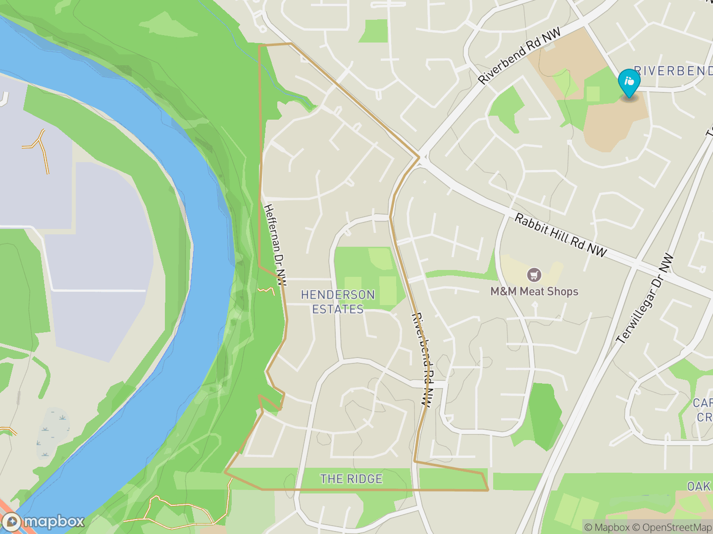 Map of Henderson Estates, Edmonton — neighbourhood boundary, 1 school, parks and surrounding streets.