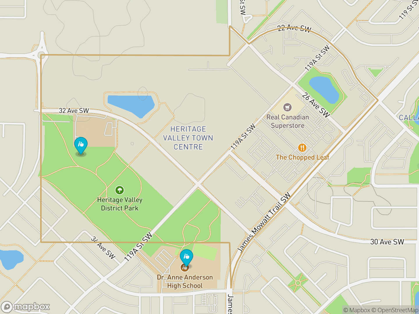 Map of Heritage Valley Town Centre, Edmonton — neighbourhood boundary, 2 schools, parks and surrounding streets.