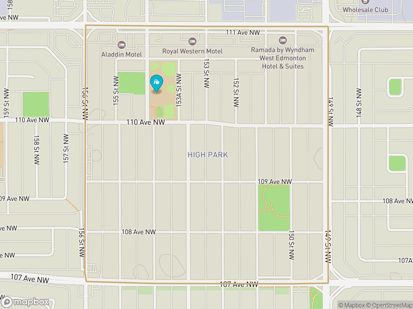 Map of High Park, Edmonton — neighbourhood boundary, 1 school, parks and surrounding streets.