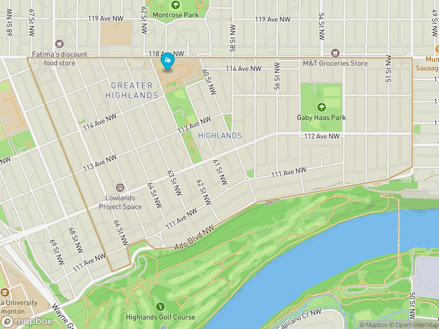 Map of Highlands, Edmonton — neighbourhood boundary, 1 school, parks and surrounding streets.