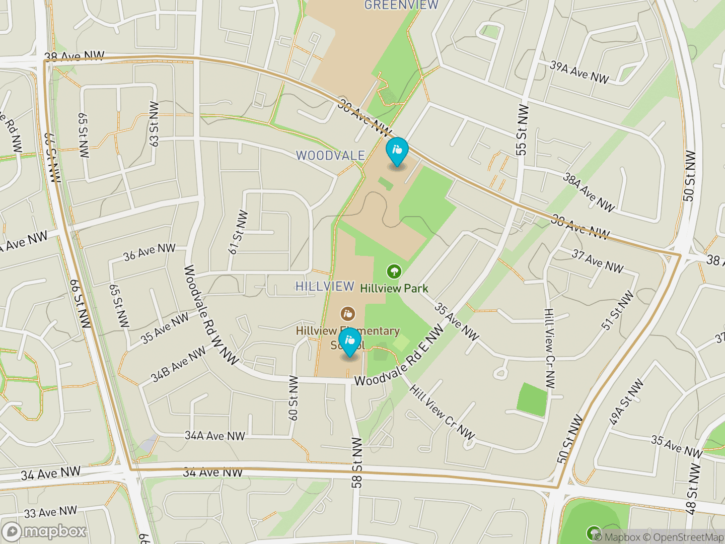 Map of Hillview, Edmonton — neighbourhood boundary, 2 schools, parks and surrounding streets.