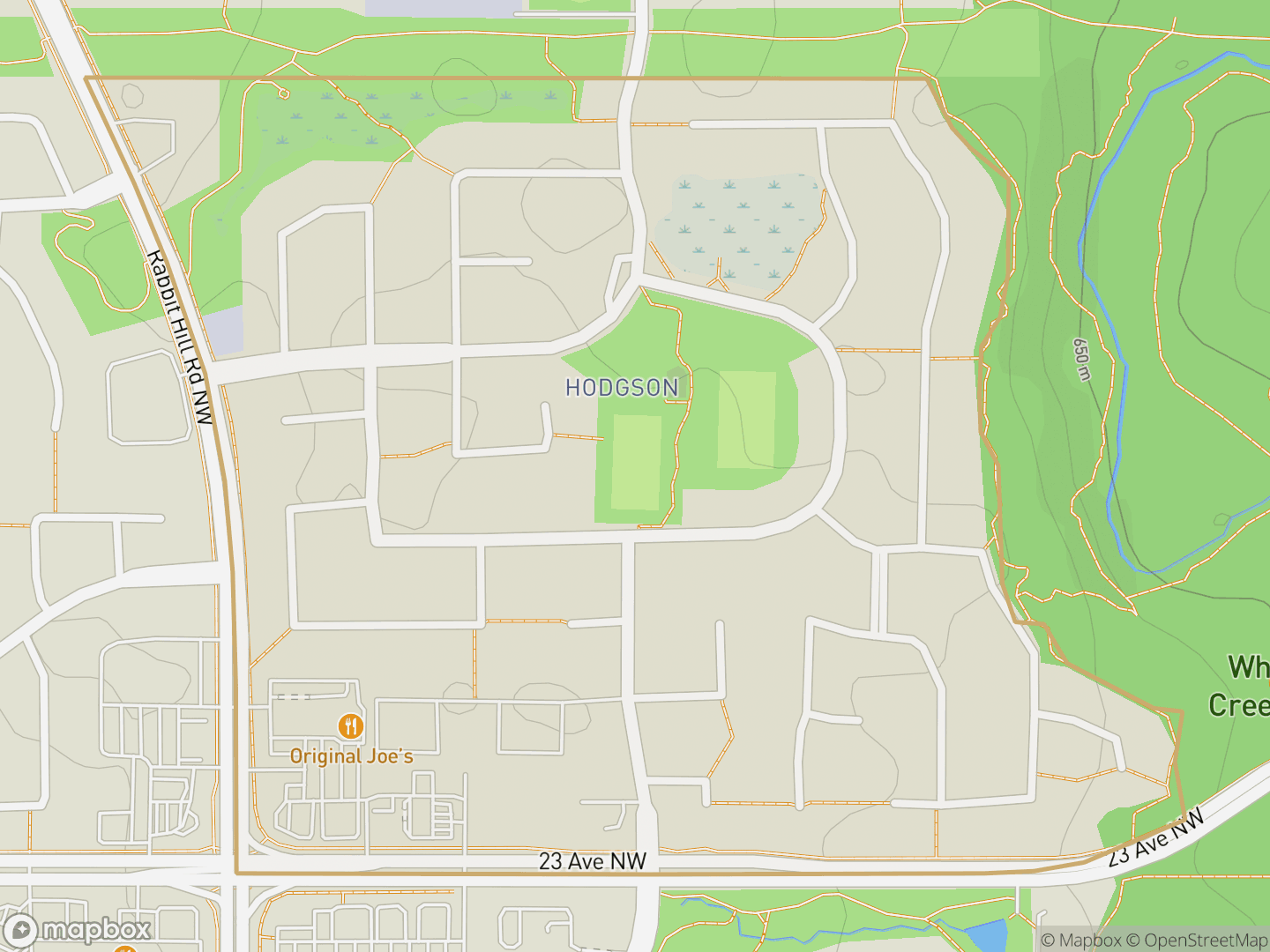 Map of Hodgson, Edmonton — neighbourhood boundary, parks and surrounding streets.