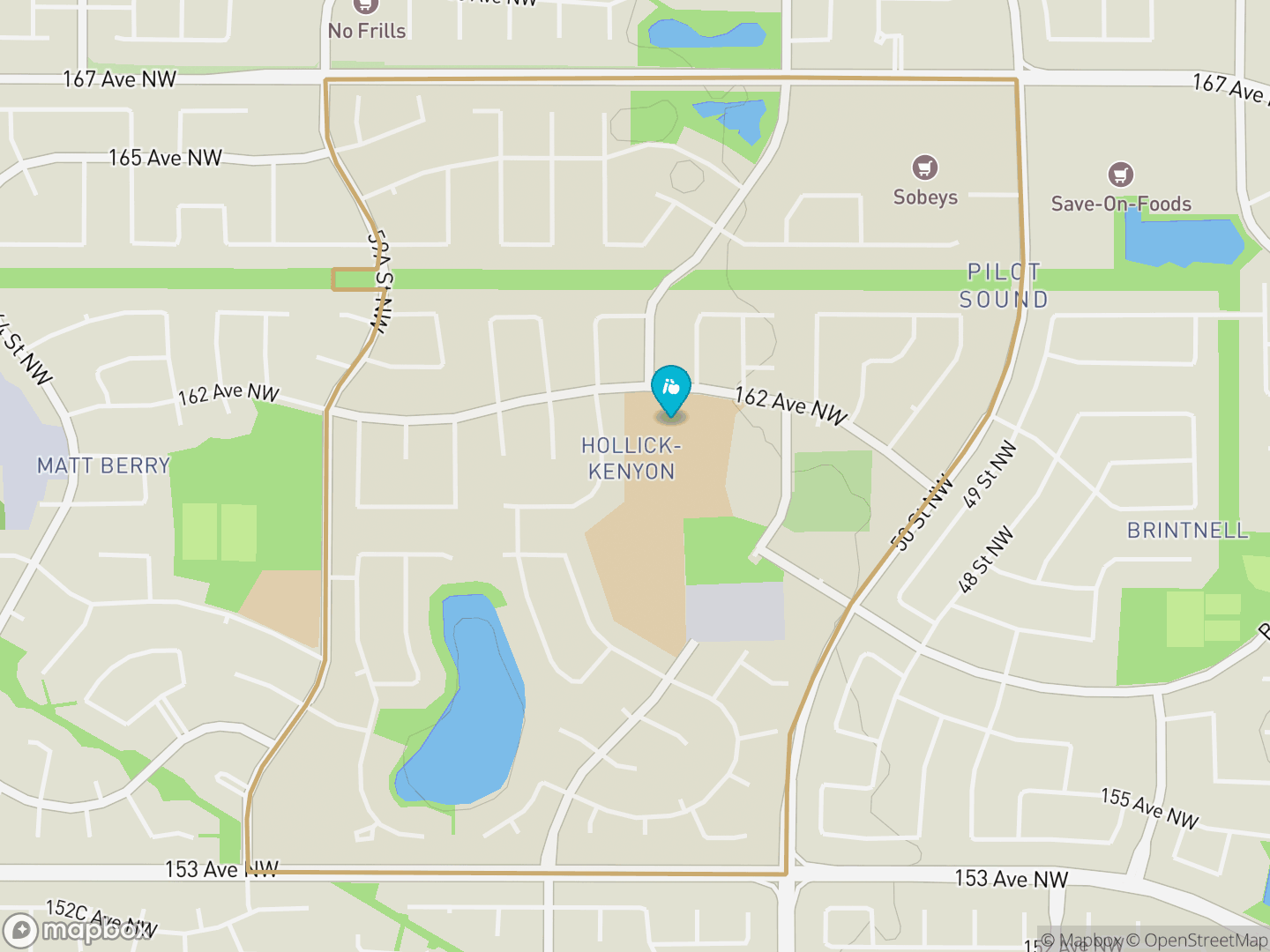 Map of Hollick-Kenyon, Edmonton — neighbourhood boundary, 1 school, parks and surrounding streets.