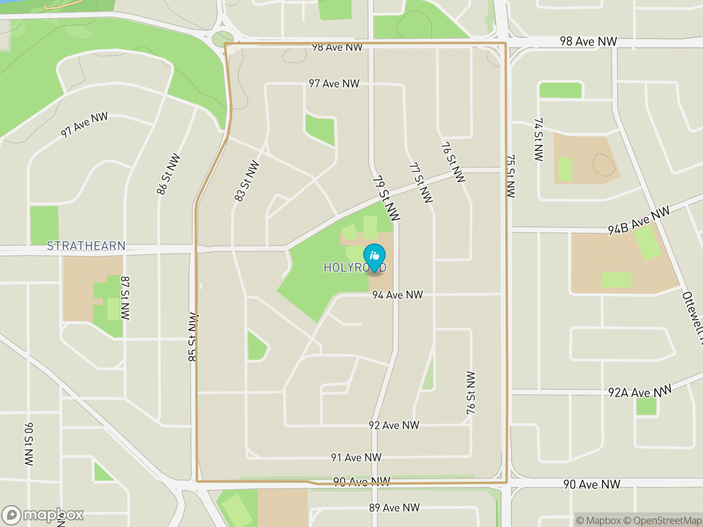 Map of Holyrood, Edmonton — neighbourhood boundary, 1 school, parks and surrounding streets.
