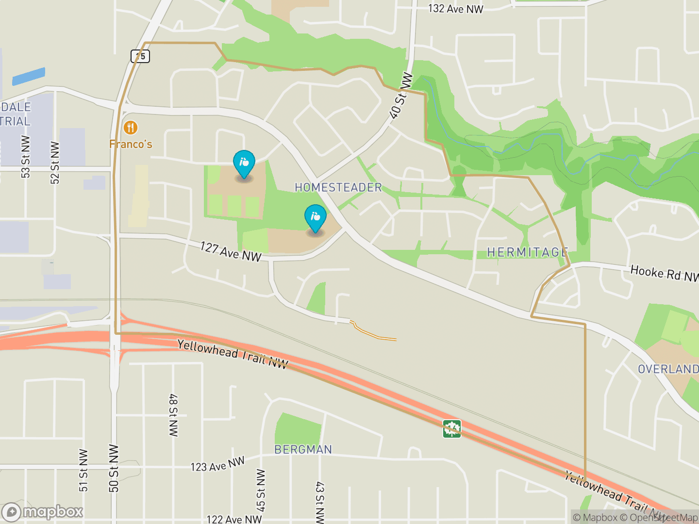 Map of Homesteader, Edmonton — neighbourhood boundary, 2 schools, parks and surrounding streets.