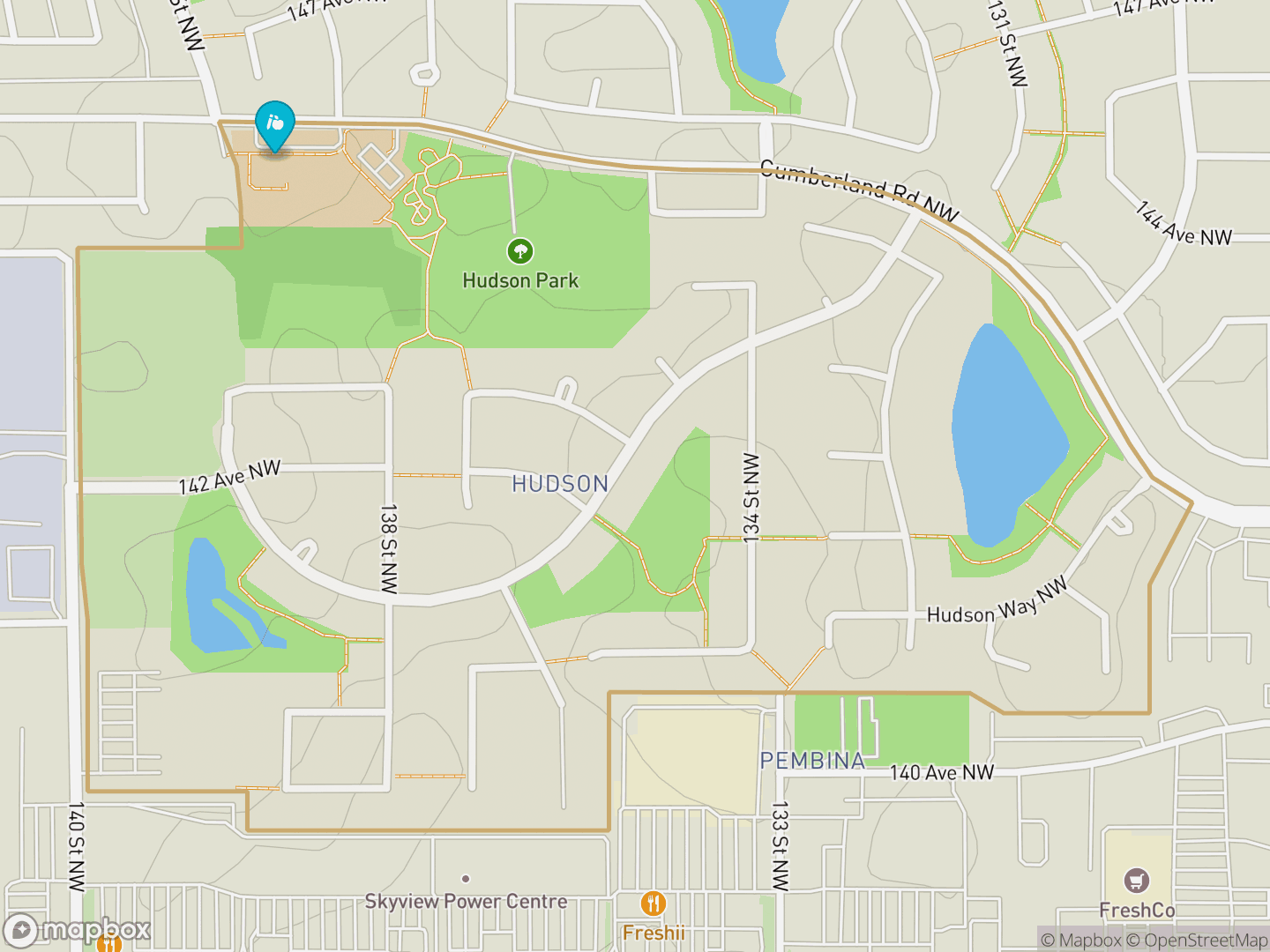Map of Hudson, Edmonton — neighbourhood boundary, 1 school, parks and surrounding streets.