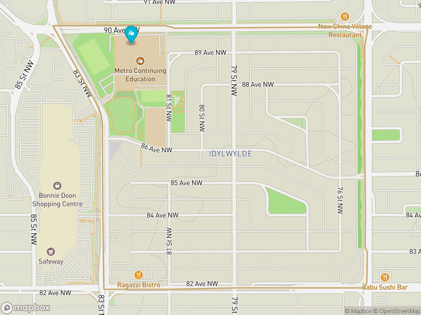 Map of Idylwylde, Edmonton — neighbourhood boundary, 1 school, parks and surrounding streets.