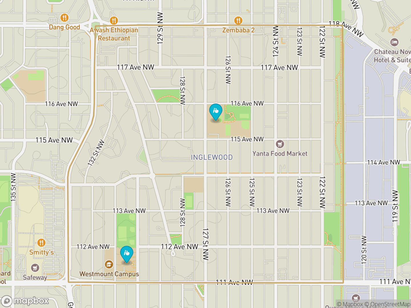 Map of Inglewood, Edmonton — neighbourhood boundary, 2 schools, parks and surrounding streets.