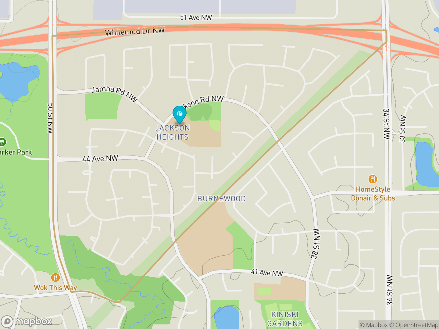 Map of Jackson Heights, Edmonton — neighbourhood boundary, 1 school, parks and surrounding streets.