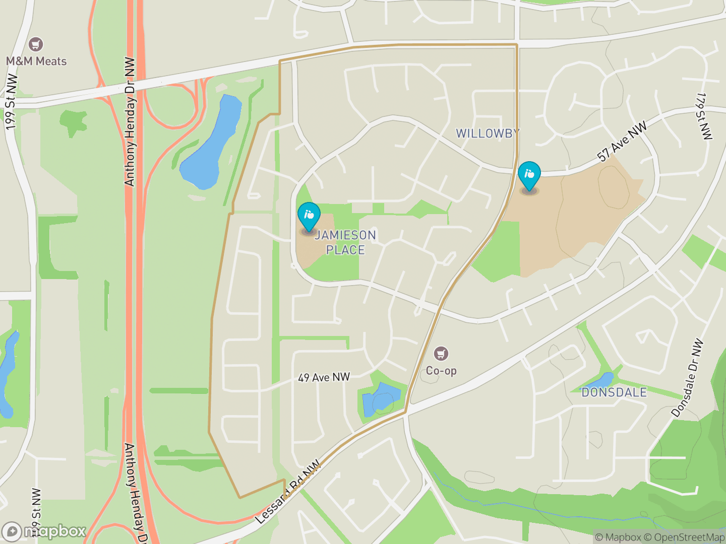 Map of Jamieson Place, Edmonton — neighbourhood boundary, 2 schools, parks and surrounding streets.
