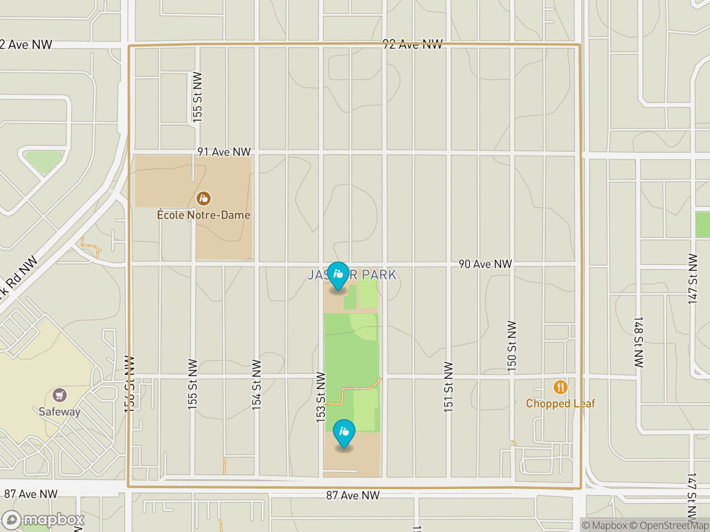 Map of Jasper Park, Edmonton — neighbourhood boundary, 2 schools, parks and surrounding streets.