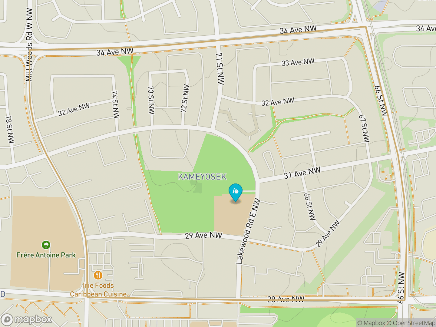 Map of Kameyosek, Edmonton — neighbourhood boundary, 1 school, parks and surrounding streets.