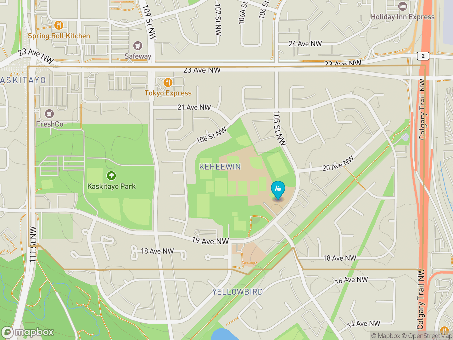 Map of Keheewin, Edmonton — neighbourhood boundary, 1 school, parks and surrounding streets.