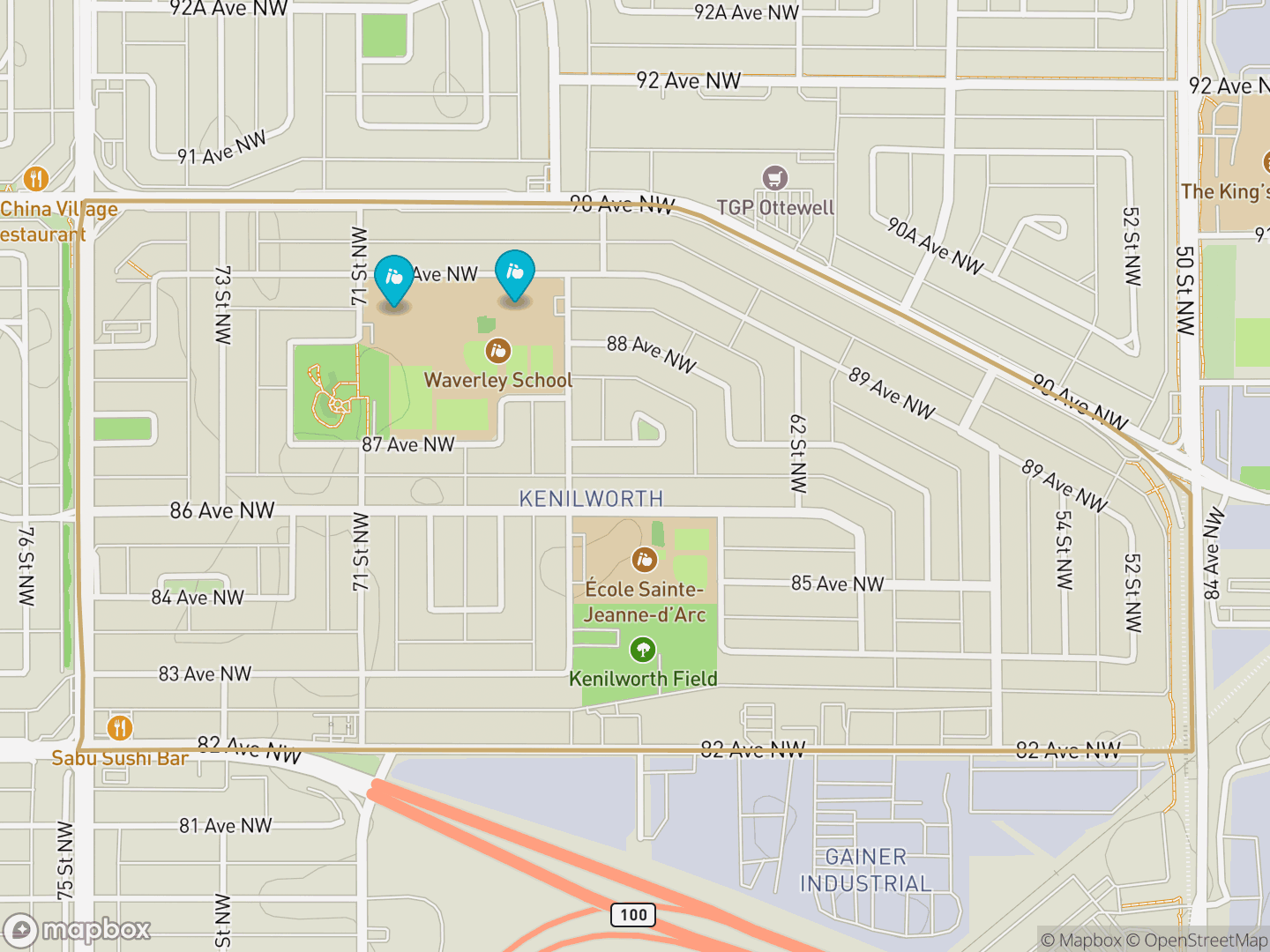 Map of Kenilworth, Edmonton — neighbourhood boundary, 2 schools, parks and surrounding streets.