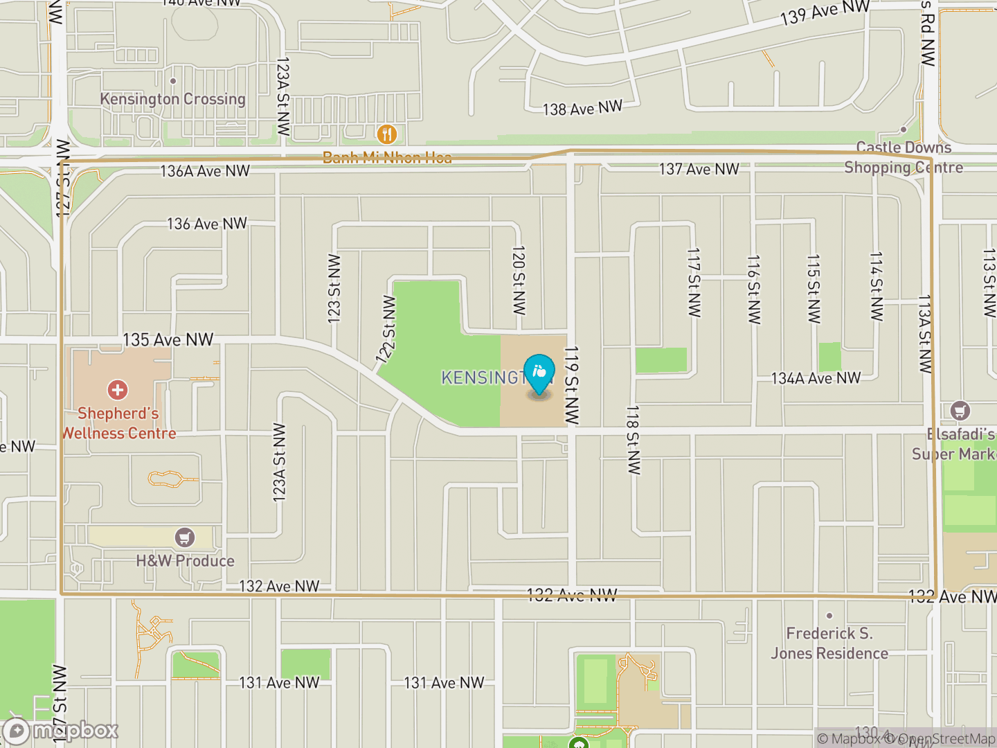 Map of Kensington, Edmonton — neighbourhood boundary, 1 school, parks and surrounding streets.