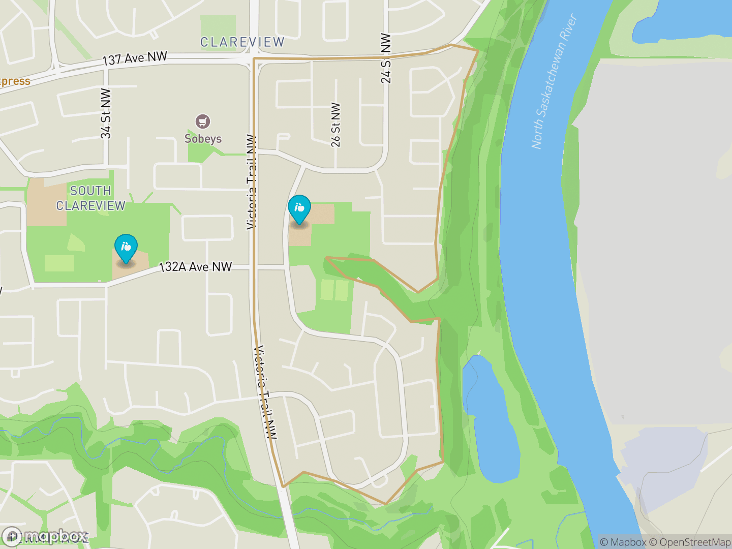 Map of Kernohan, Edmonton — neighbourhood boundary, 2 schools, parks and surrounding streets.