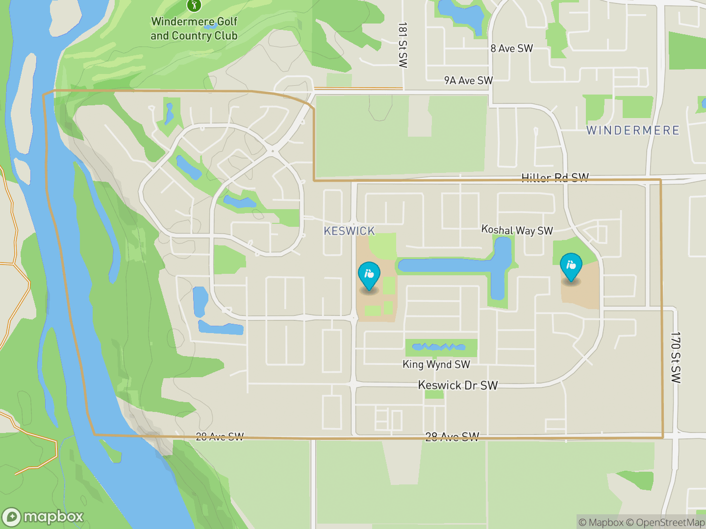 Map of Keswick, Edmonton — neighbourhood boundary, 2 schools, parks and surrounding streets.