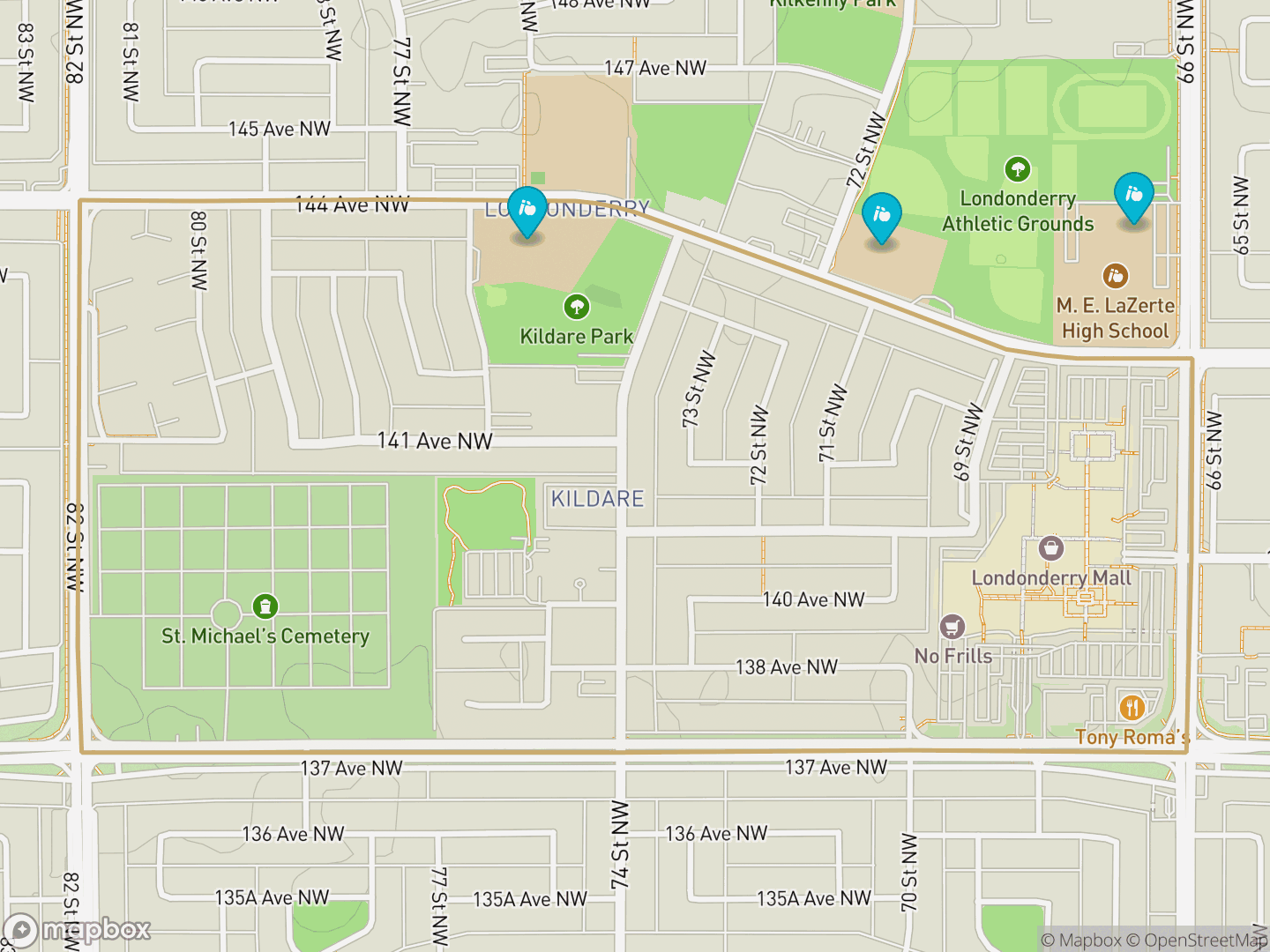 Map of Kildare, Edmonton — neighbourhood boundary, 3 schools, parks and surrounding streets.