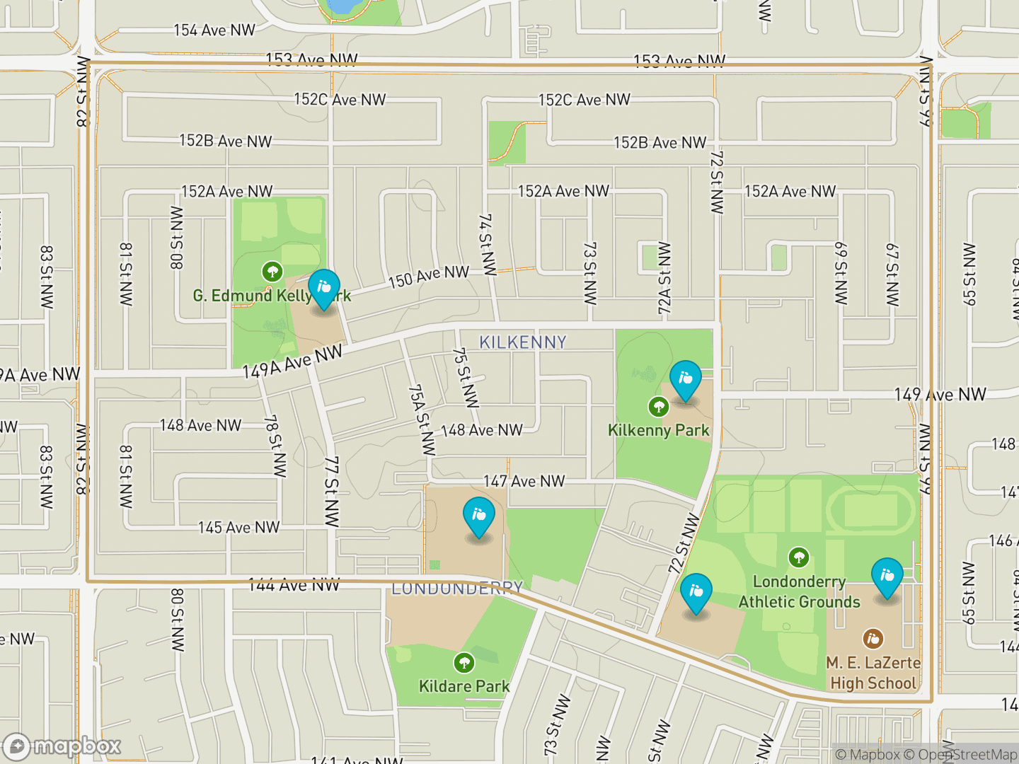 Map of Kilkenny, Edmonton — neighbourhood boundary, 5 schools, parks and surrounding streets.