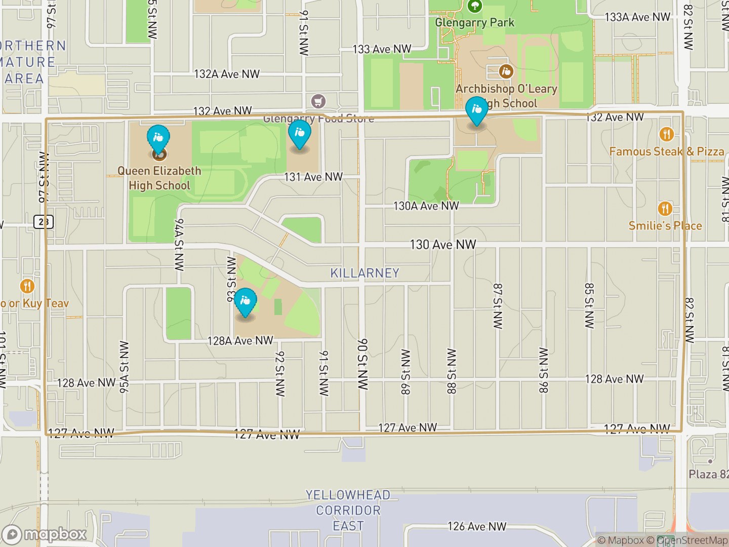 Map of Killarney, Edmonton — neighbourhood boundary, 4 schools, parks and surrounding streets.
