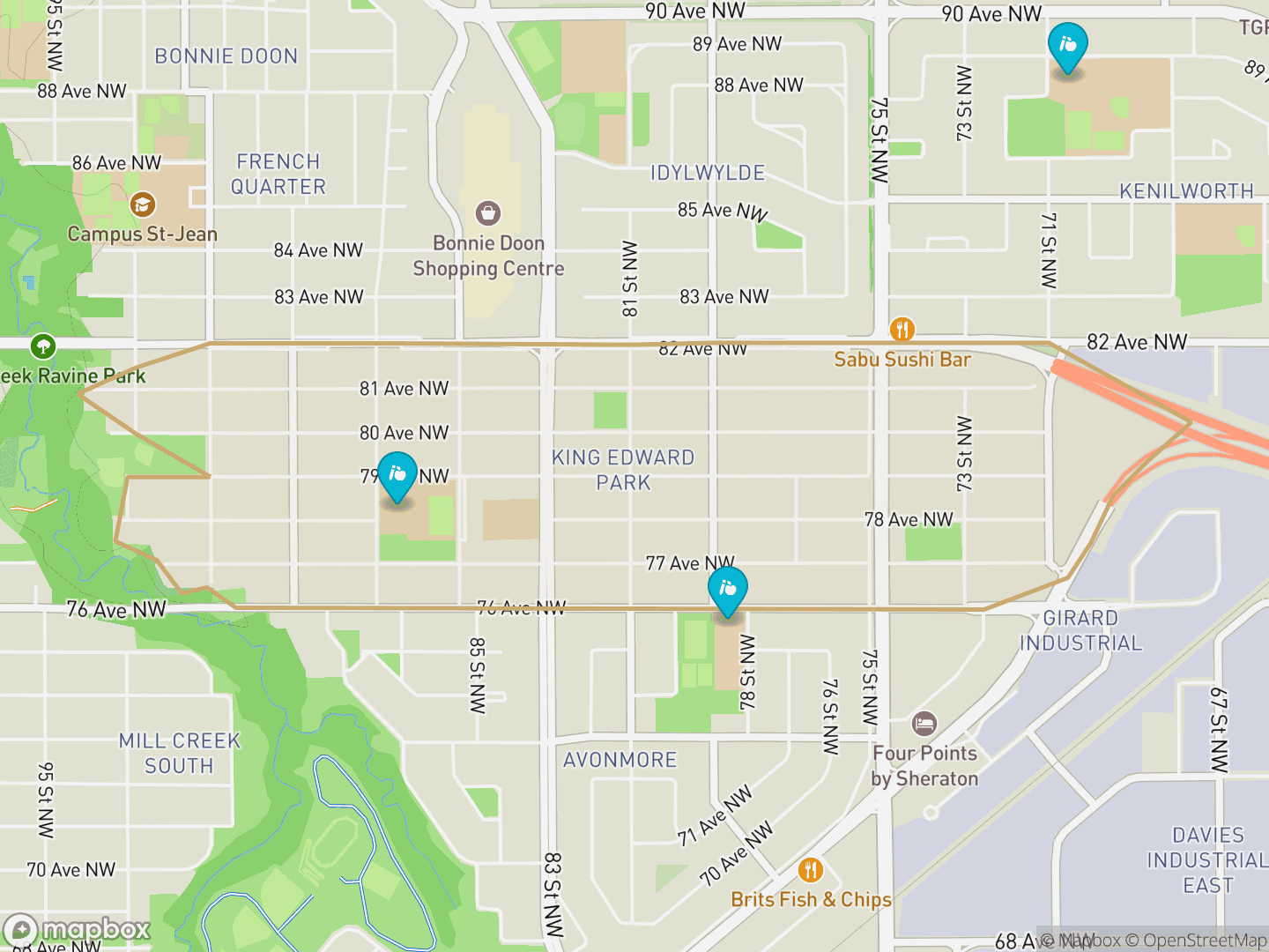 Map of King Edward Park, Edmonton — neighbourhood boundary, 3 schools, parks and surrounding streets.