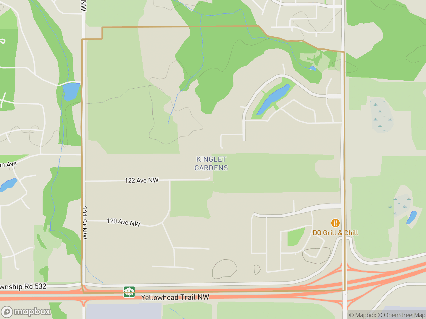 Map of Kinglet Gardens, Edmonton — neighbourhood boundary, parks and surrounding streets.