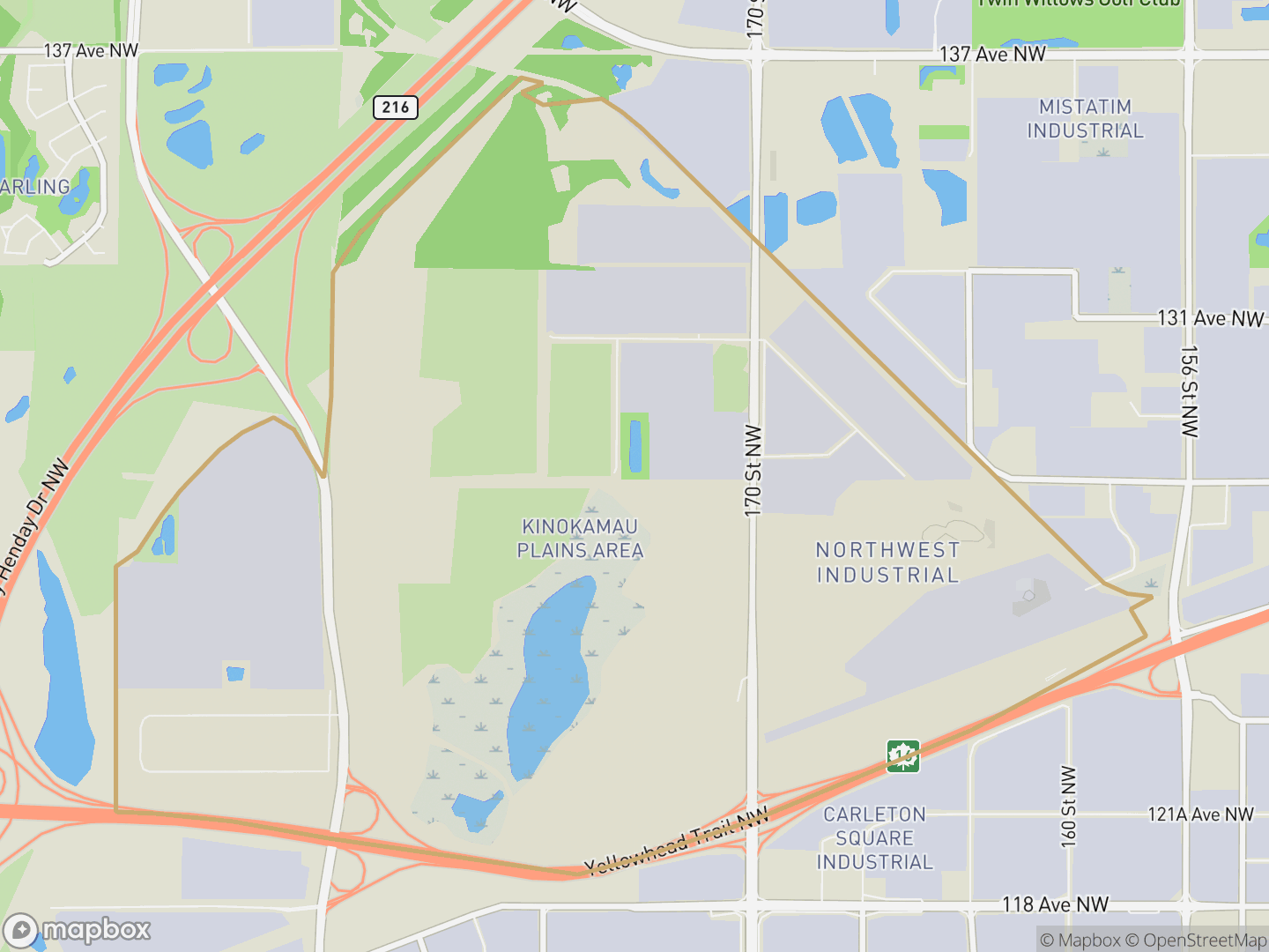 Map of Kinokamau Plains Area, Edmonton — neighbourhood boundary, parks and surrounding streets.