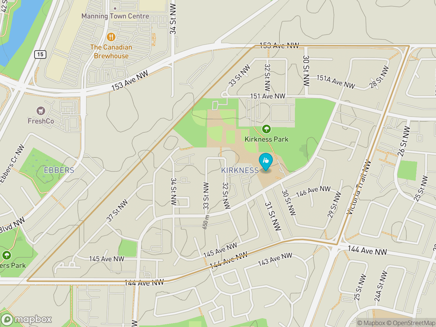Map of Kirkness, Edmonton — neighbourhood boundary, 1 school, parks and surrounding streets.